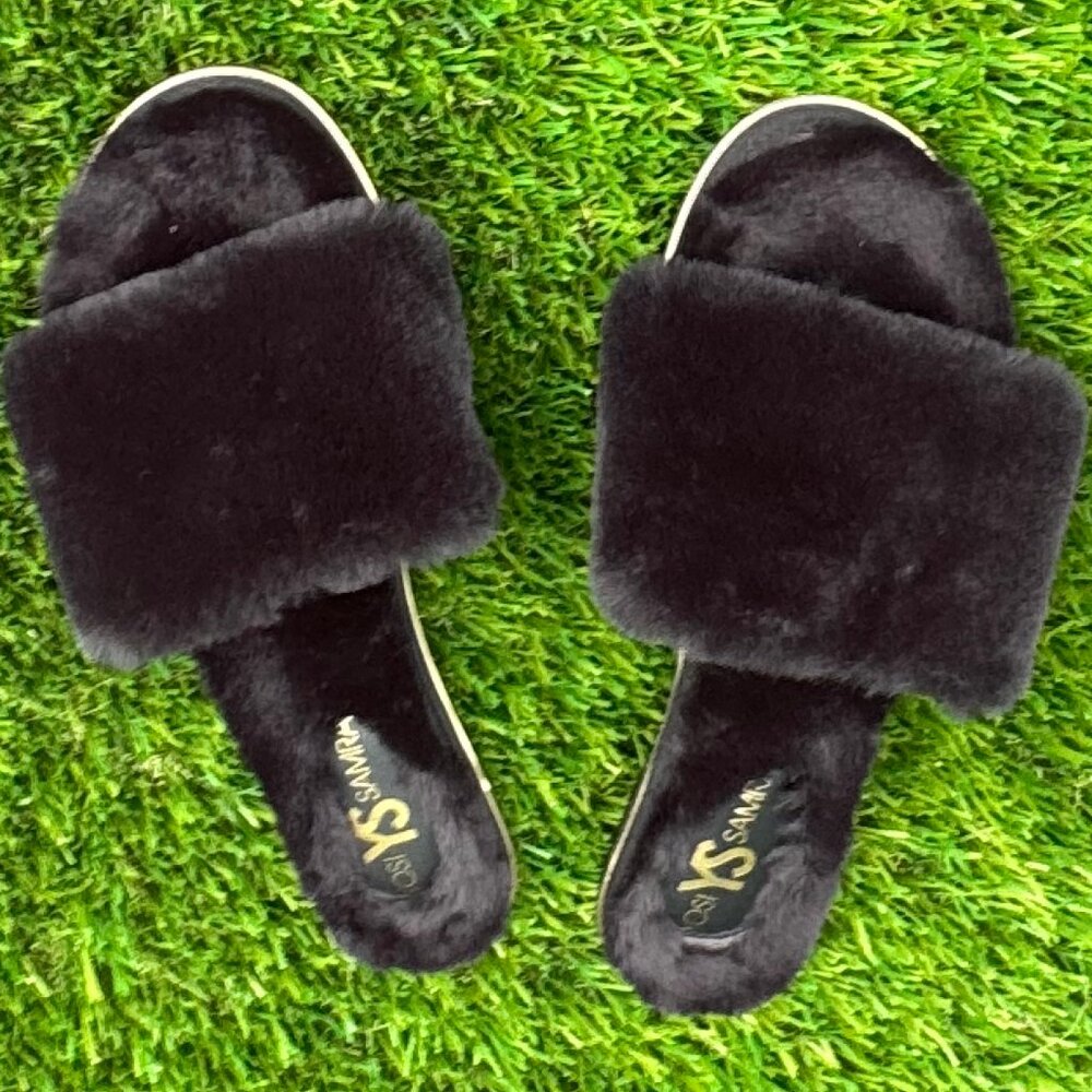 Yosi Samra Black Faux Fur Slides/Sandals/Slippers Size 9 (comes in whole sizes)